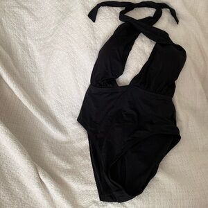 Black Plunge Cross Halter Swimsuit